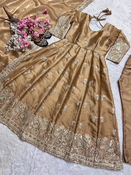 Magnetic Golden Brown Designer Jimmy Choo Anarkali Suit with Pant and Dupatta Ready To Wear Collection