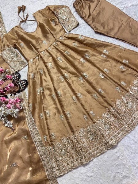 Magnetic Golden Brown Designer Jimmy Choo Anarkali Suit with Pant and Dupatta Ready To Wear Collection