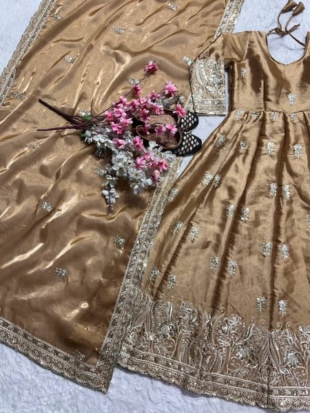 Magnetic Golden Brown Designer Jimmy Choo Anarkali Suit with Pant and Dupatta Ready To Wear Collection