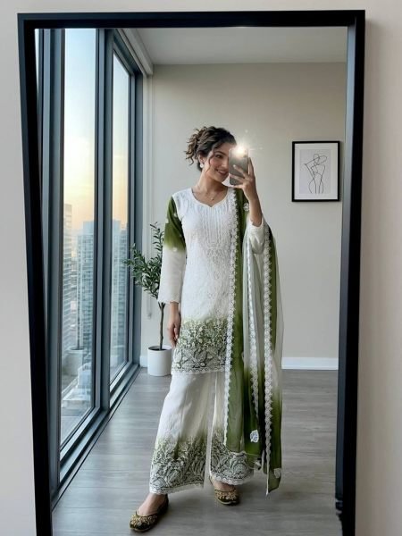 Magnetic Green Dual Tone Peding Star Georgette Top Palazzo Dupatta Set at Wholesale Rate Ready To Wear Suit