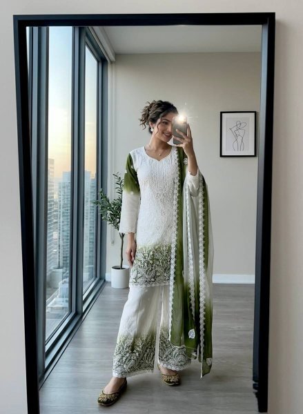 Magnetic Green Dual Tone Peding Star Georgette Top Palazzo Dupatta Set at Wholesale Rate Ready To Wear Collection