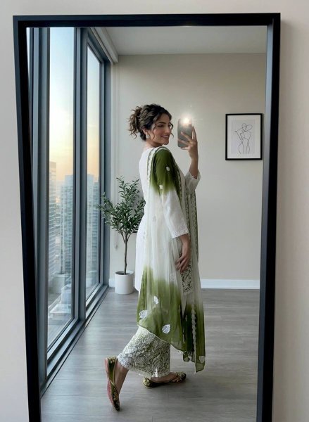 Magnetic Green Dual Tone Peding Star Georgette Top Palazzo Dupatta Set at Wholesale Rate Ready To Wear Collection