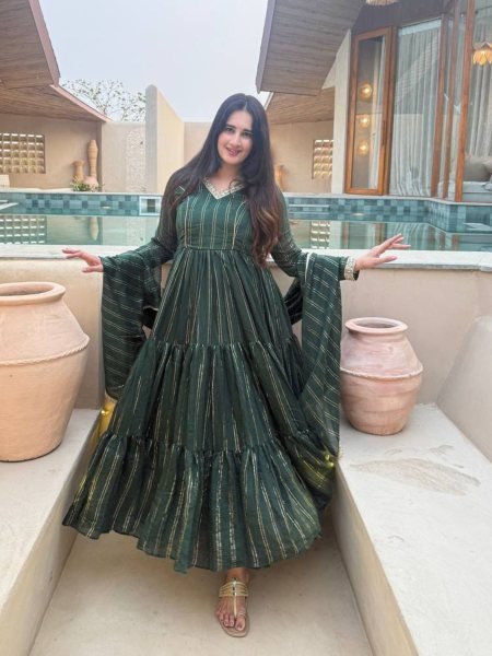Magnetic Green Heavy Brocade Anarkali Suit Set with Pant and Matching Brocade Dupatta 