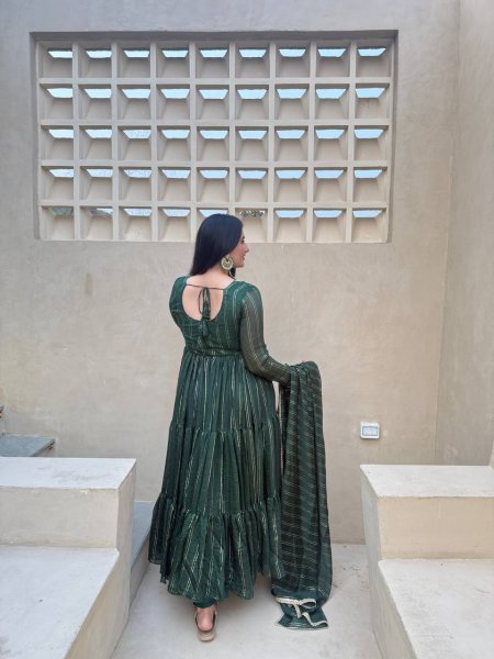 Magnetic Green Heavy Brocade Anarkali Suit Set with Pant and Matching Brocade Dupatta Ready To Wear Collection
