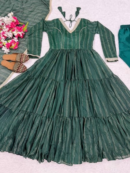 Magnetic Green Heavy Brocade Anarkali Suit Set with Pant and Matching Brocade Dupatta Ready To Wear Collection