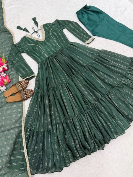 Magnetic Green Heavy Brocade Anarkali Suit Set with Pant and Matching Brocade Dupatta Ready To Wear Collection