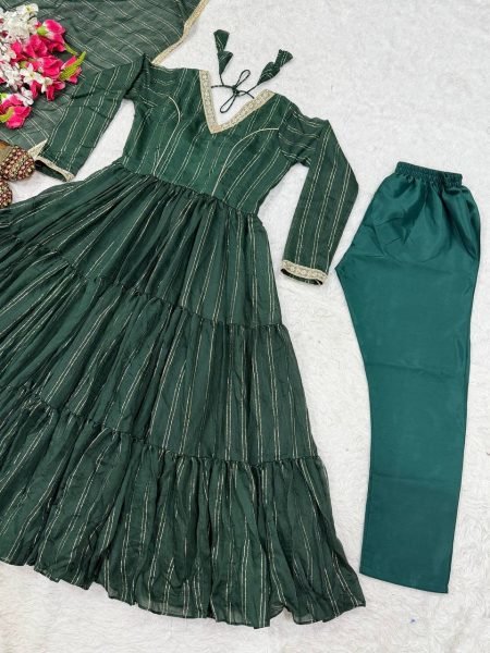 Magnetic Green Heavy Brocade Anarkali Suit Set with Pant and Matching Brocade Dupatta Ready To Wear Collection