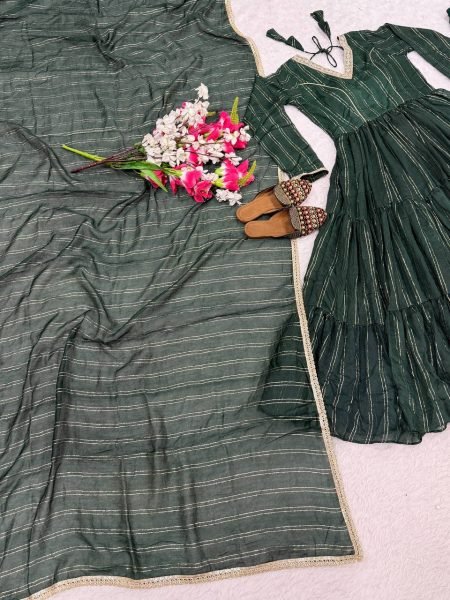 Magnetic Green Heavy Brocade Anarkali Suit Set with Pant and Matching Brocade Dupatta Ready To Wear Collection