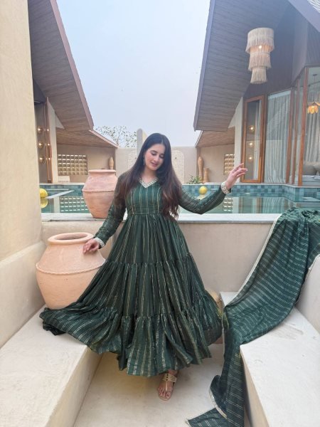 Magnetic Green Heavy Brocade Anarkali Suit Set with Pant and Matching Brocade Dupatta Ready To Wear Collection