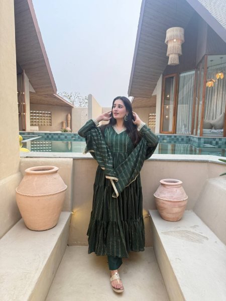 Magnetic Green Heavy Brocade Anarkali Suit Set with Pant and Matching Brocade Dupatta Ready To Wear Collection
