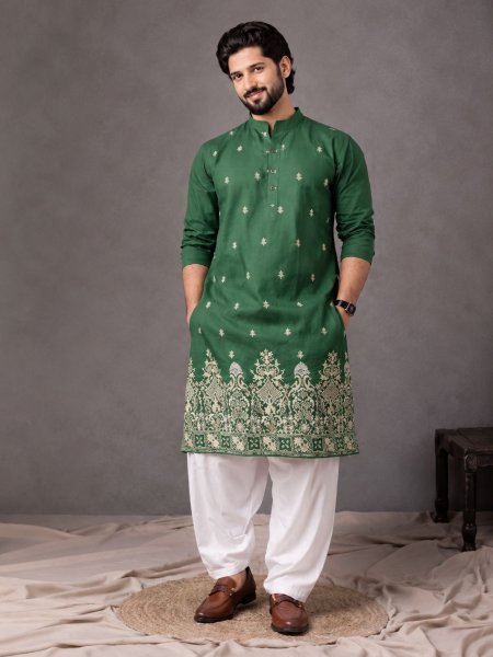 Magnetic Green Men s Traditional Kurta with Cotton Salwar for Festival Wear Mens Wear