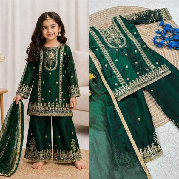 Magnetic Green Stylish Kids Party Wear Outfit with Embroidery Work at Wholesale Rate Kurta Pajama Wholesale