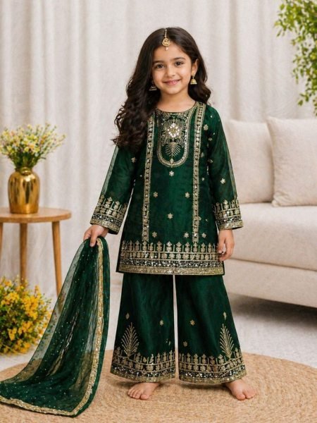 Magnetic Green Stylish Kids Party Wear Outfit with Embroidery Work at Wholesale Rate Kurta Pajama Wholesale
