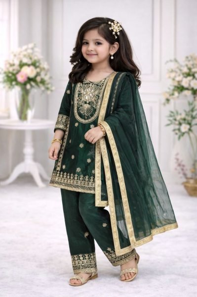 Magnetic Green Stylish Kids Party Wear Outfit with Embroidery Work at Wholesale Rate Kurta Pajama Wholesale