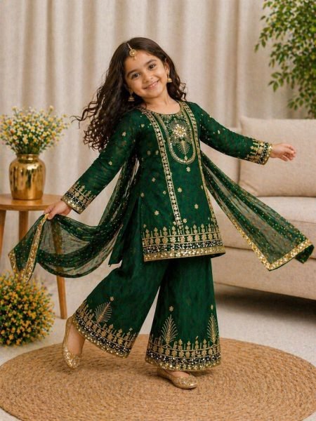 Magnetic Green Stylish Kids Party Wear Outfit with Embroidery Work at Wholesale Rate Kurta Pajama Wholesale