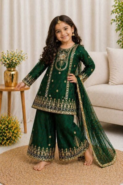 Magnetic Green Stylish Kids Party Wear Outfit with Embroidery Work at Wholesale Rate Kurta Pajama Wholesale