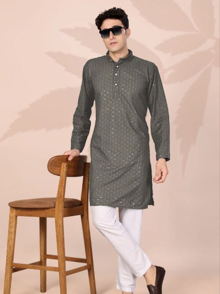 Magnetic Grey Embroidered Kurta for Men in Cotton Fabric for Wedding Functions 