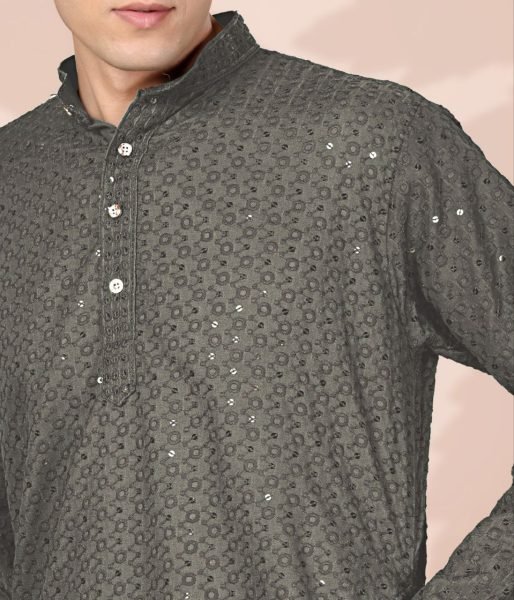 Magnetic Grey Embroidered Kurta for Men in Cotton Fabric for Wedding Functions Kurta Pajama Wholesale