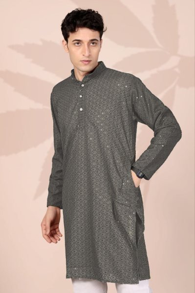 Magnetic Grey Embroidered Kurta for Men in Cotton Fabric for Wedding Functions Kurta Pajama Wholesale