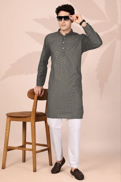 Magnetic Grey Embroidered Kurta for Men in Cotton Fabric for Wedding Functions Kurta Pajama Wholesale
