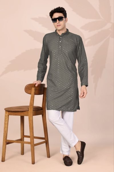Magnetic Grey Embroidered Kurta for Men in Cotton Fabric for Wedding Functions Kurta Pajama Wholesale