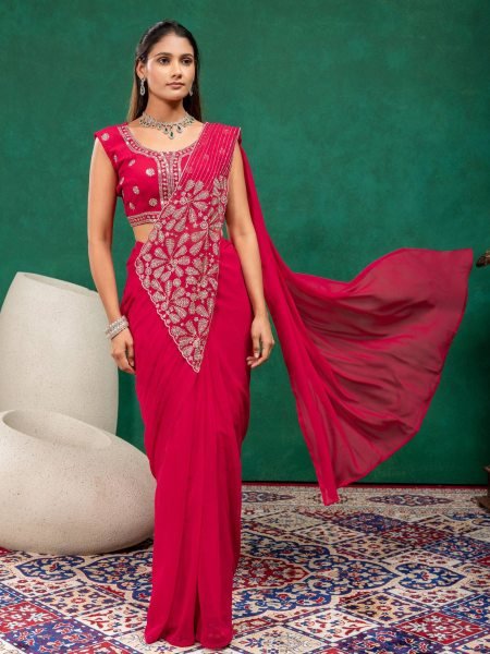 Magnetic Hot Pink Designer Faux Georgette Drape Saree with Zari and Semi Beads Embroidery Sarees 