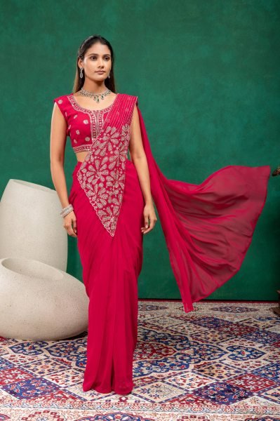 Magnetic Hot Pink Designer Faux Georgette Drape Saree with Zari and Semi Beads Embroidery Ready To Wear Saree 