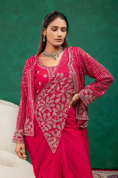 Magnetic Hot Pink Designer Faux Georgette Drape Saree with Zari and Semi Beads Embroidery Ready To Wear Saree 