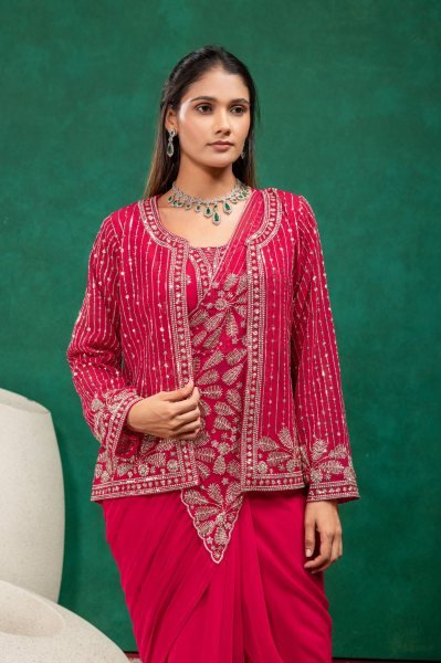 Magnetic Hot Pink Designer Faux Georgette Drape Saree with Zari and Semi Beads Embroidery Ready To Wear Saree 