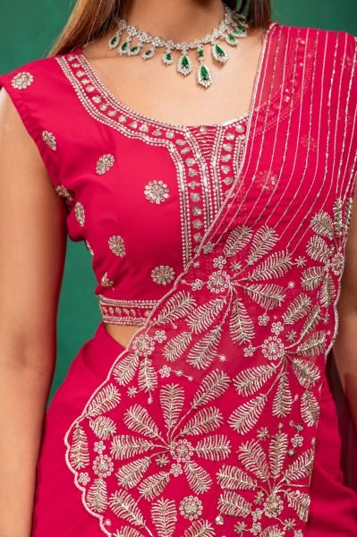 Magnetic Hot Pink Designer Faux Georgette Drape Saree with Zari and Semi Beads Embroidery Ready To Wear Saree 
