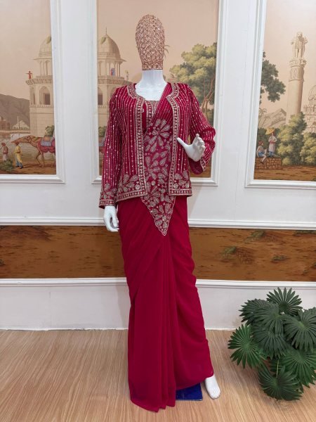 Magnetic Hot Pink Designer Faux Georgette Drape Saree with Zari and Semi Beads Embroidery Ready To Wear Saree 