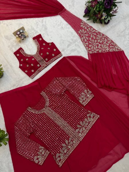 Magnetic Hot Pink Designer Faux Georgette Drape Saree with Zari and Semi Beads Embroidery Ready To Wear Saree 