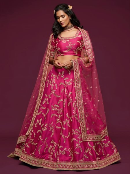 Magnetic Hot Pink Elegant Wedding Lehenga Set with Art Silk Fabric and Heavy Embroidery  Lehenga