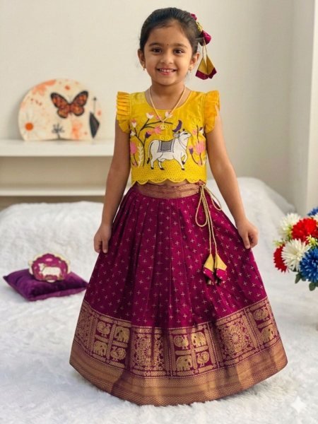Magnetic Maroon Kids Lehenga Set with Traditional Weaving Work for Functions Kurtis