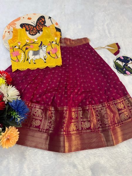 Magnetic Maroon Kids Lehenga Set with Traditional Weaving Work for Functions Girls Wear