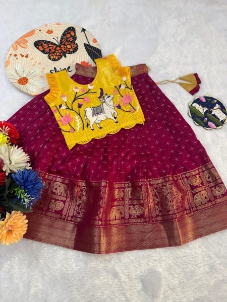 Magnetic Maroon Kids Lehenga Set with Traditional Weaving Work for Functions Girls Wear