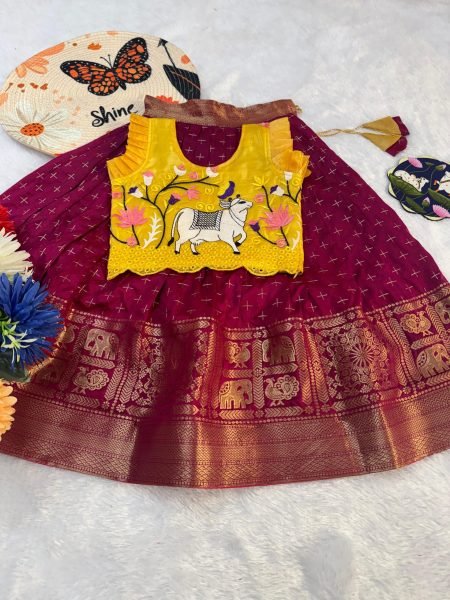 Magnetic Maroon Kids Lehenga Set with Traditional Weaving Work for Functions Girls Wear