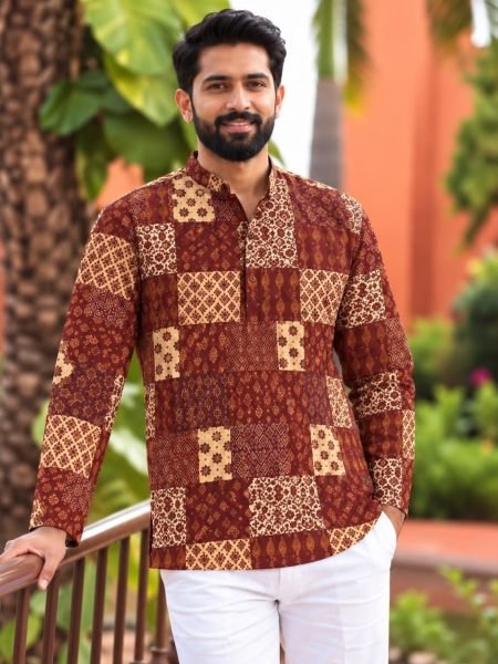 Magnetic Maroon Men Traditional Cotton Print Short Kurta for Celebrations 
