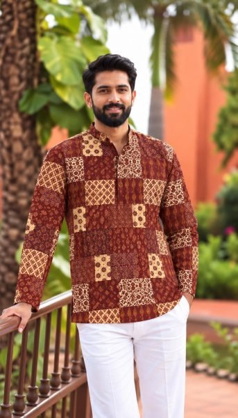 Magnetic Maroon Men Traditional Cotton Print Short Kurta for Celebrations Mens Short Kurta