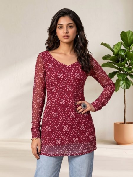 Magnetic Maroon Navratri Special Short Kurti with Bandhani Print and Full Sleeves Design 