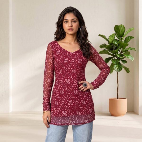 Magnetic Maroon Navratri Special Short Kurti with Bandhani Print and Full Sleeves Design Full Set Kurti