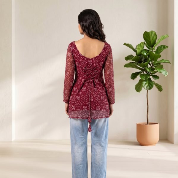 Magnetic Maroon Navratri Special Short Kurti with Bandhani Print and Full Sleeves Design Full Set Kurti