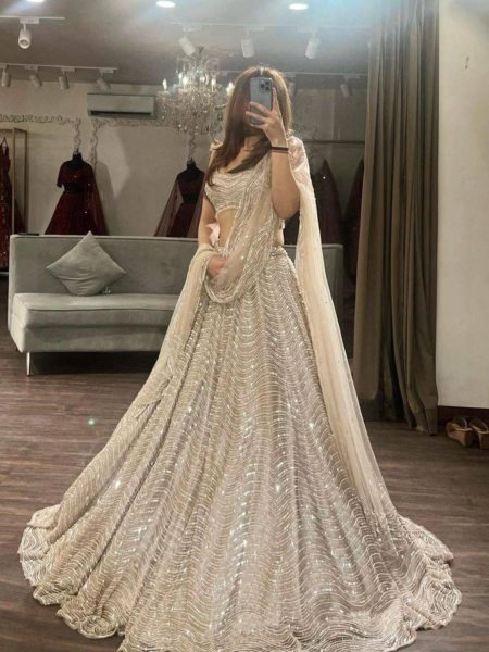 Magnetic Off White Organza Silk Lehenga with Sequins Work for Wedding Wear  Lehenga