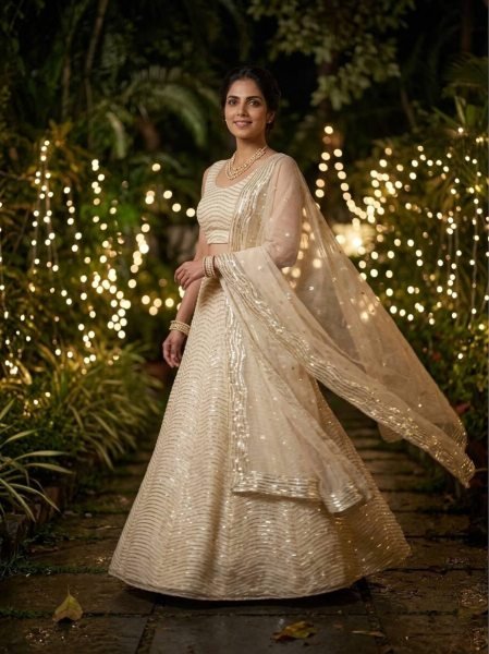 Magnetic Off White Organza Silk Lehenga with Sequins Work for Wedding Wear Designer Lehenga Choli