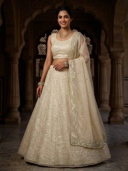 Magnetic Off White Organza Silk Lehenga with Sequins Work for Wedding Wear Designer Lehenga Choli