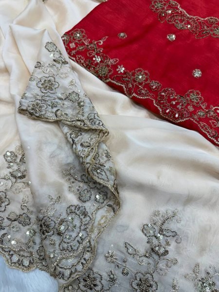 Magnetic Off White Soft Rangoli Silk Saree with Sequins Embroidery for Wedding Wear Embroidery Sarees Wholesale
