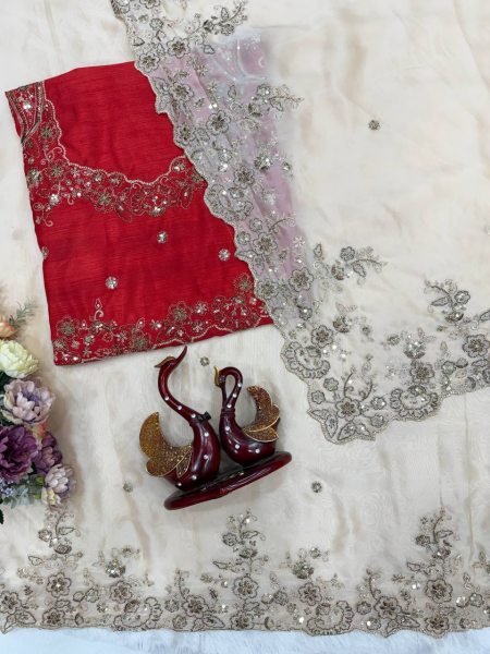 Magnetic Off White Soft Rangoli Silk Saree with Sequins Embroidery for Wedding Wear Embroidery Sarees Wholesale