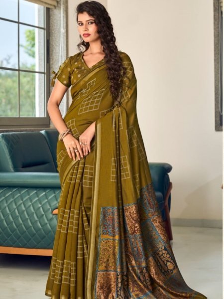 Magnetic Olive Green Latest Cotton Silk Saree with Crush Pattern for Women Sarees 