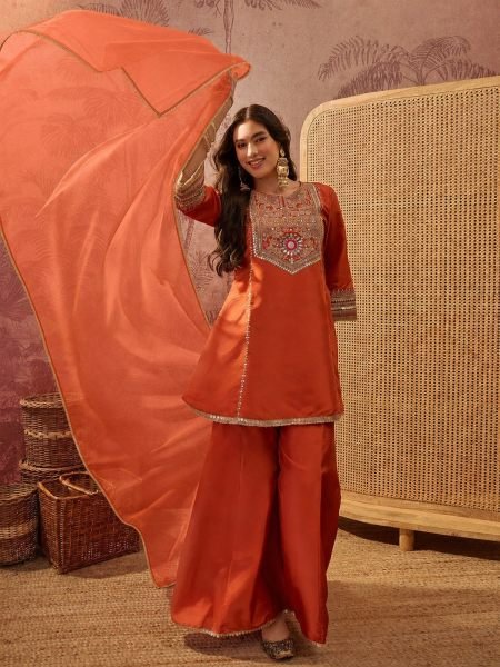 Magnetic Orange Designer French Crepe Kurti with Palazzo and Organza Silk Dupatta Kurtis