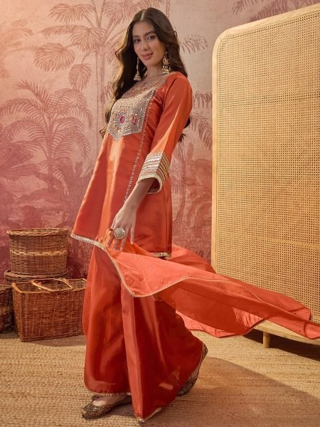 Magnetic Orange Designer French Crepe Kurti with Palazzo and Organza Silk Dupatta 3 Piece Kurti Set
